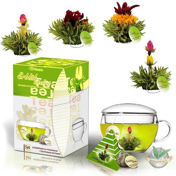ErblühTeelini Teeblumen Geschenkset mit Teeglas und 8 Teeblumen im Tassenformat