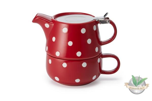 Tea for one Set "Lou" Keramik, 4-teilig Kanne: 0,45 l, Tasse: 0,25 l rot-weiss